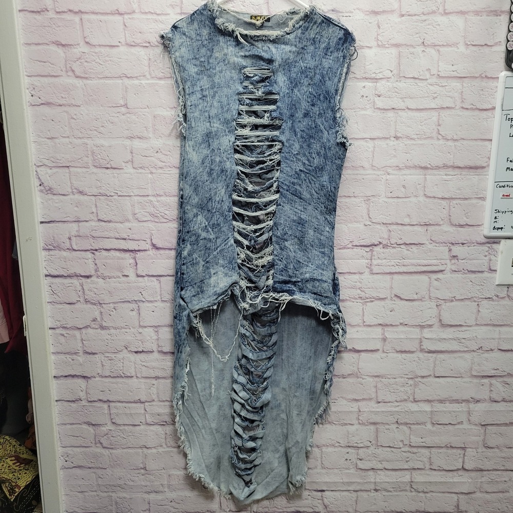 Kroix‎ Distressed Acid Wash Long Denim Tunic Top Womens 1X Shredded Rocker Goth